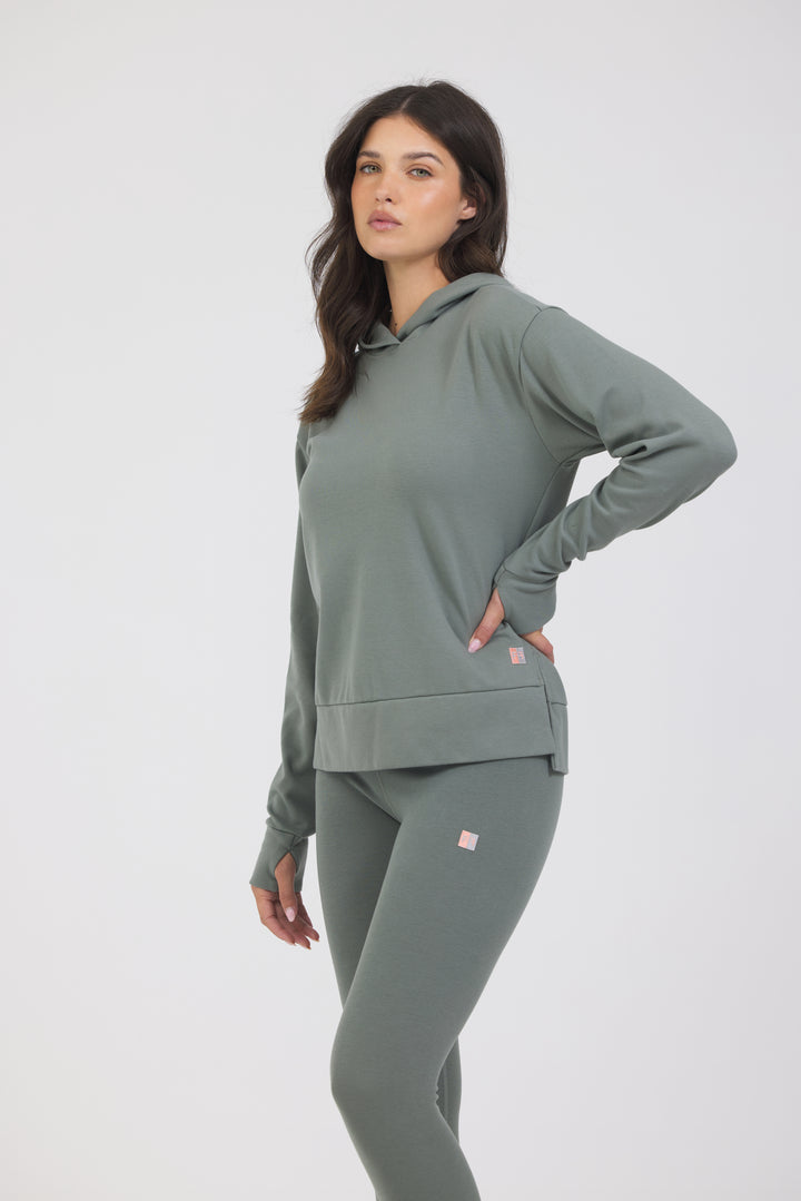 Rib Hoodie with side slits, long sleeve with thumbholes