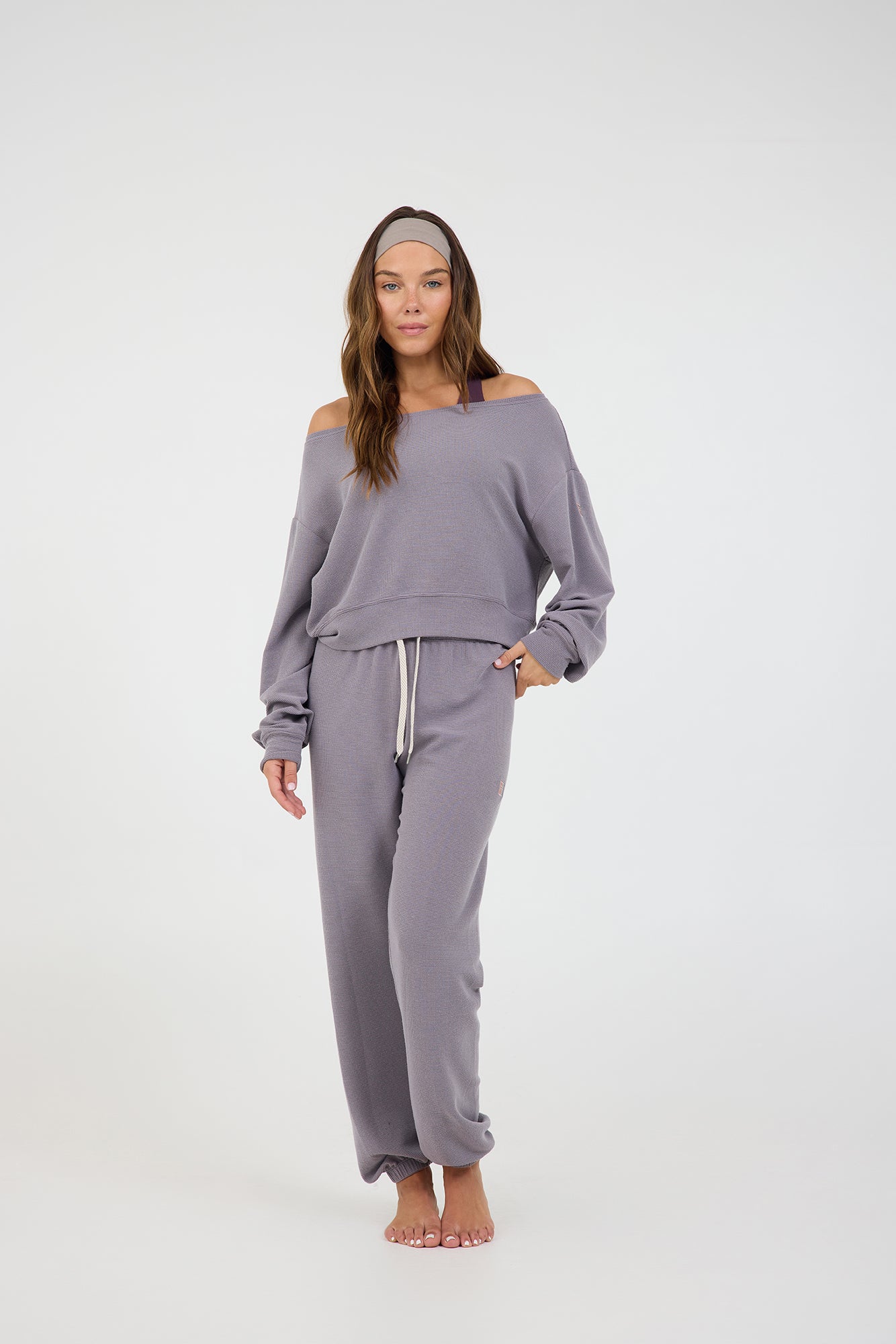 Amiee Off the Shoulder Long Sleeve in dark haze, modeled with the Delaney joggers from the front