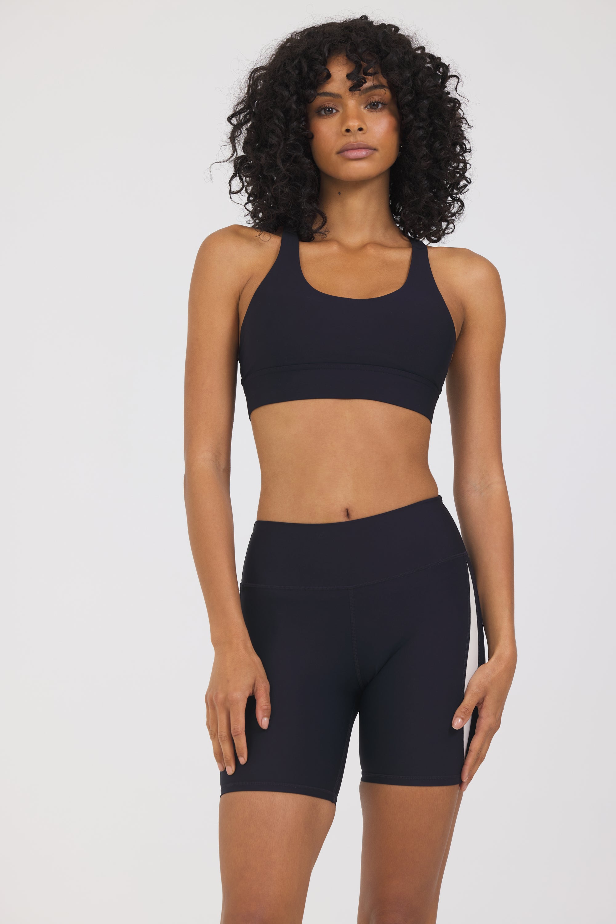 Carey strappy bra with removable bra cups in black, from the front