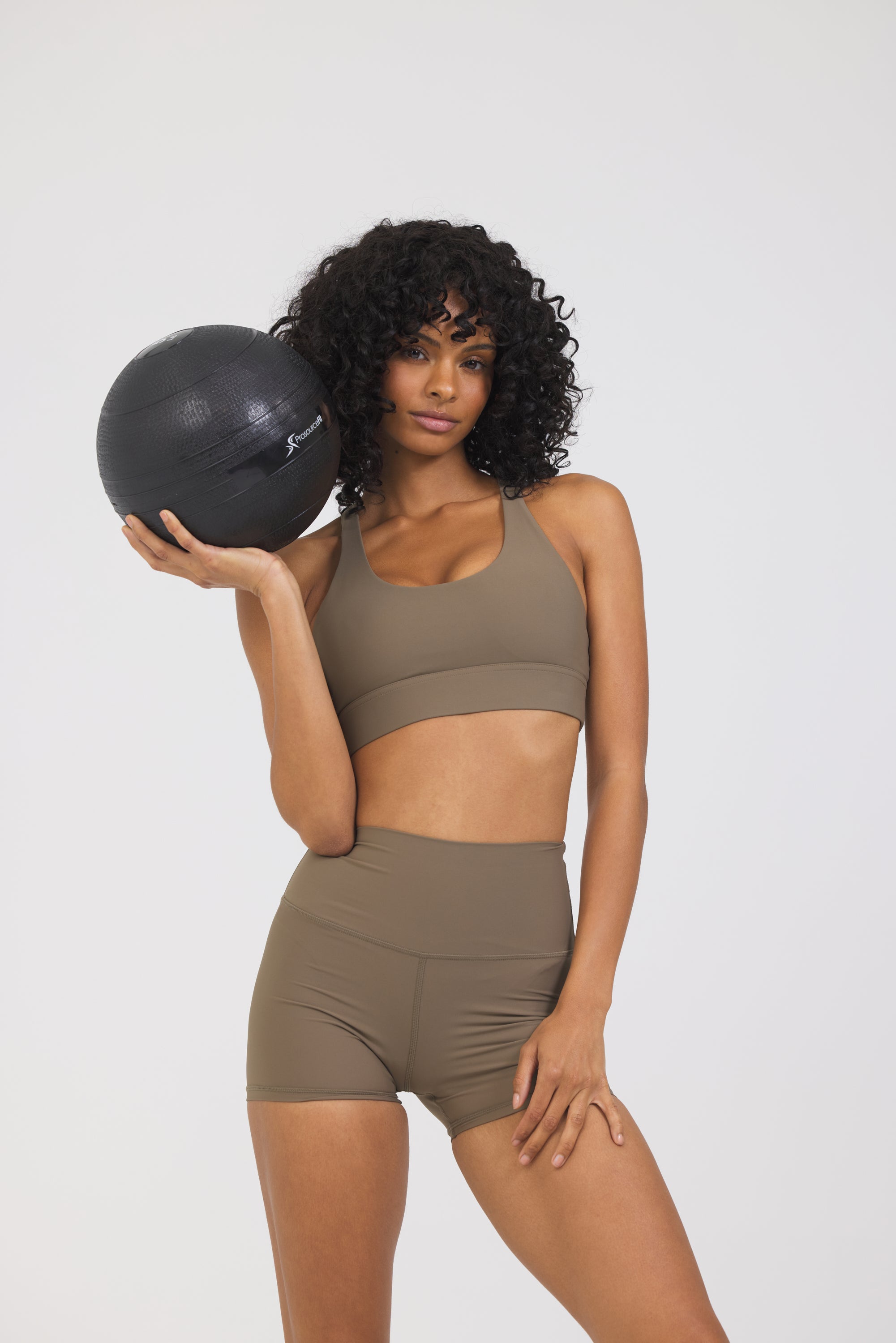 Carey strappy bra with removable bra cups in truffle, from the front