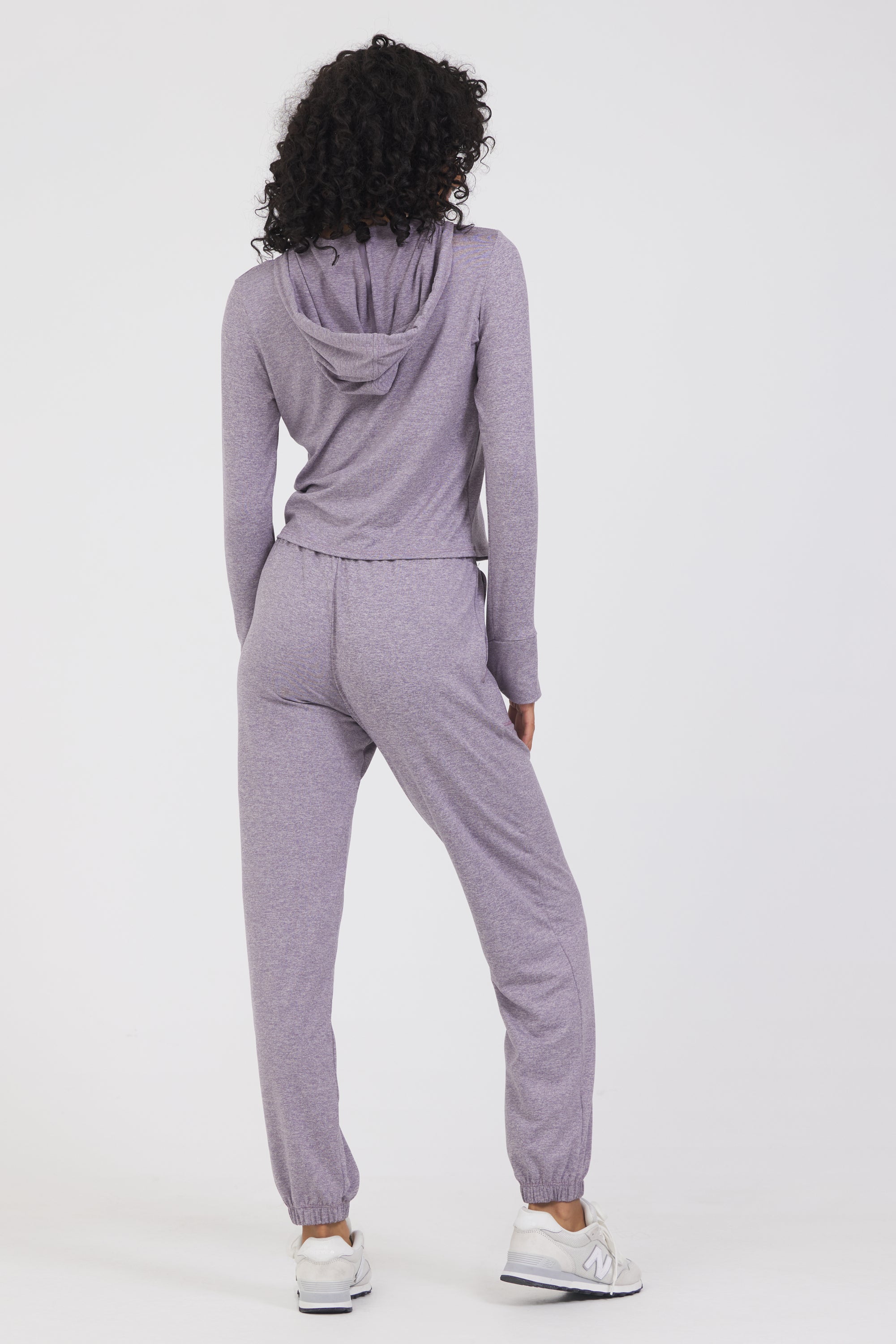 Long sleeve lounge hoodie with thumb holes in dark haze, from the back