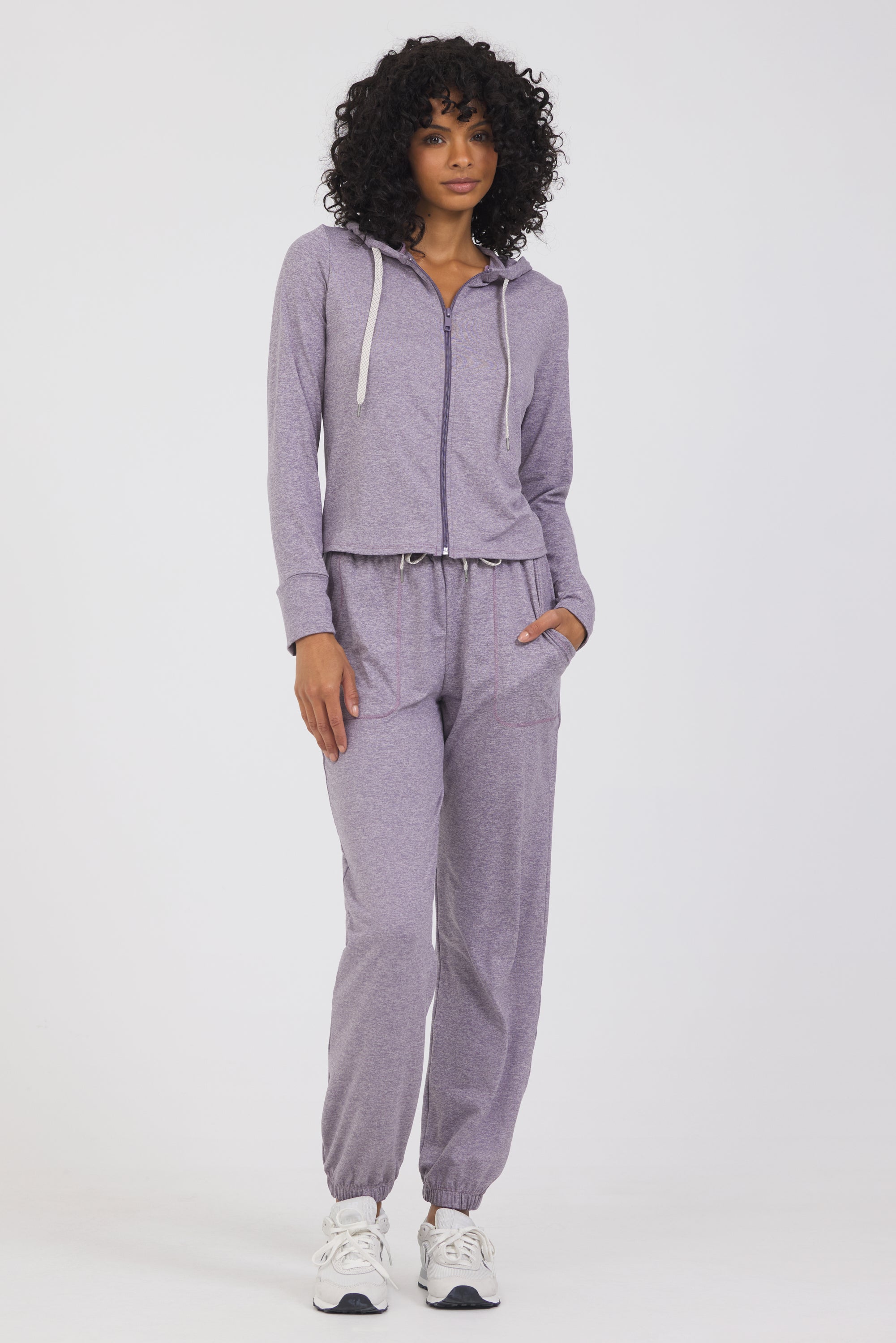 Long sleeve lounge hoodie with thumb holes in dark haze, from the front