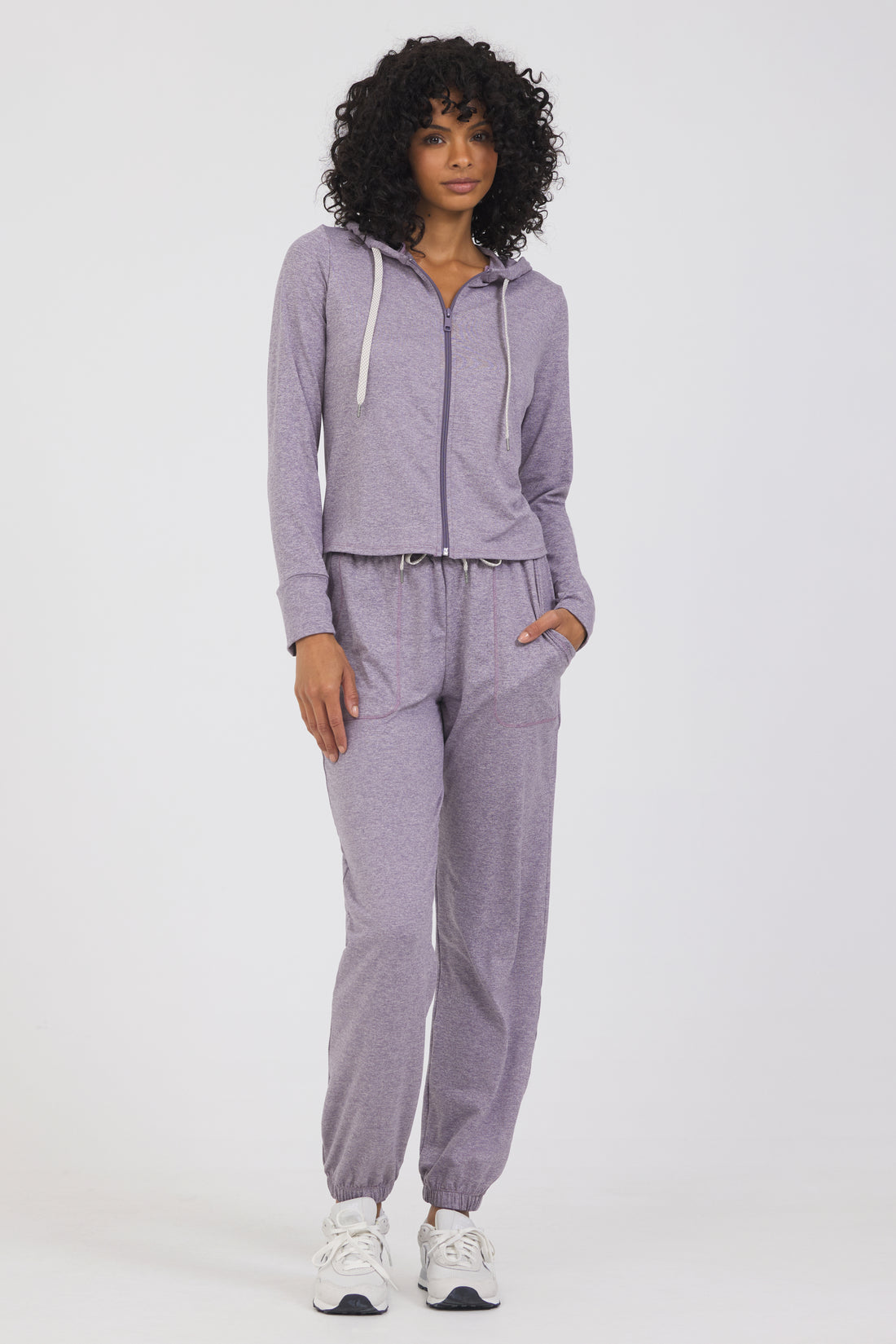 Long sleeve lounge hoodie with thumb holes in dark haze, from the front