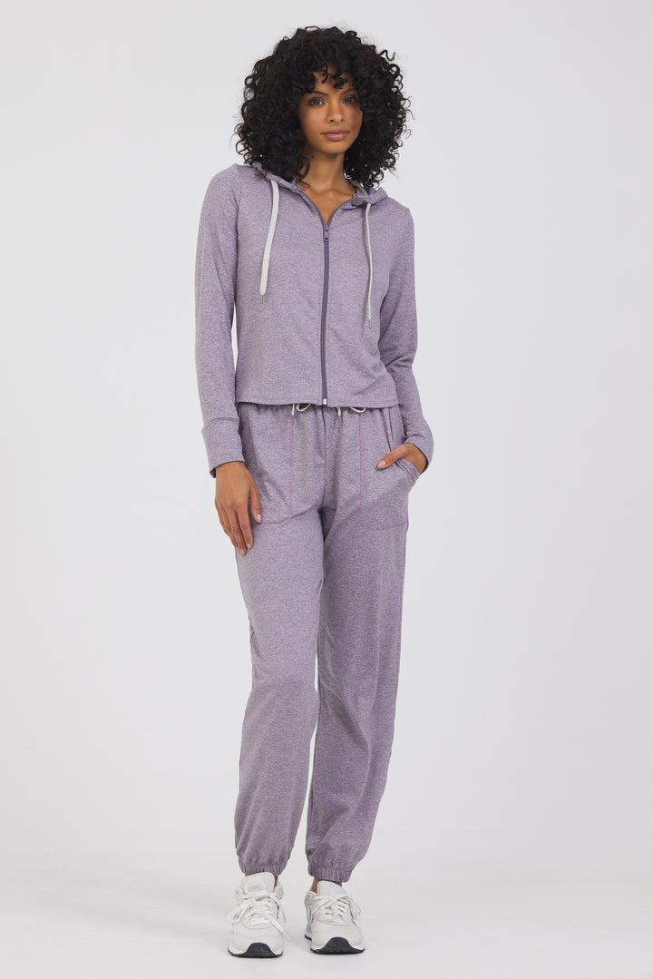 Long sleeve lounge hoodie with thumb holes in dark haze, from the front