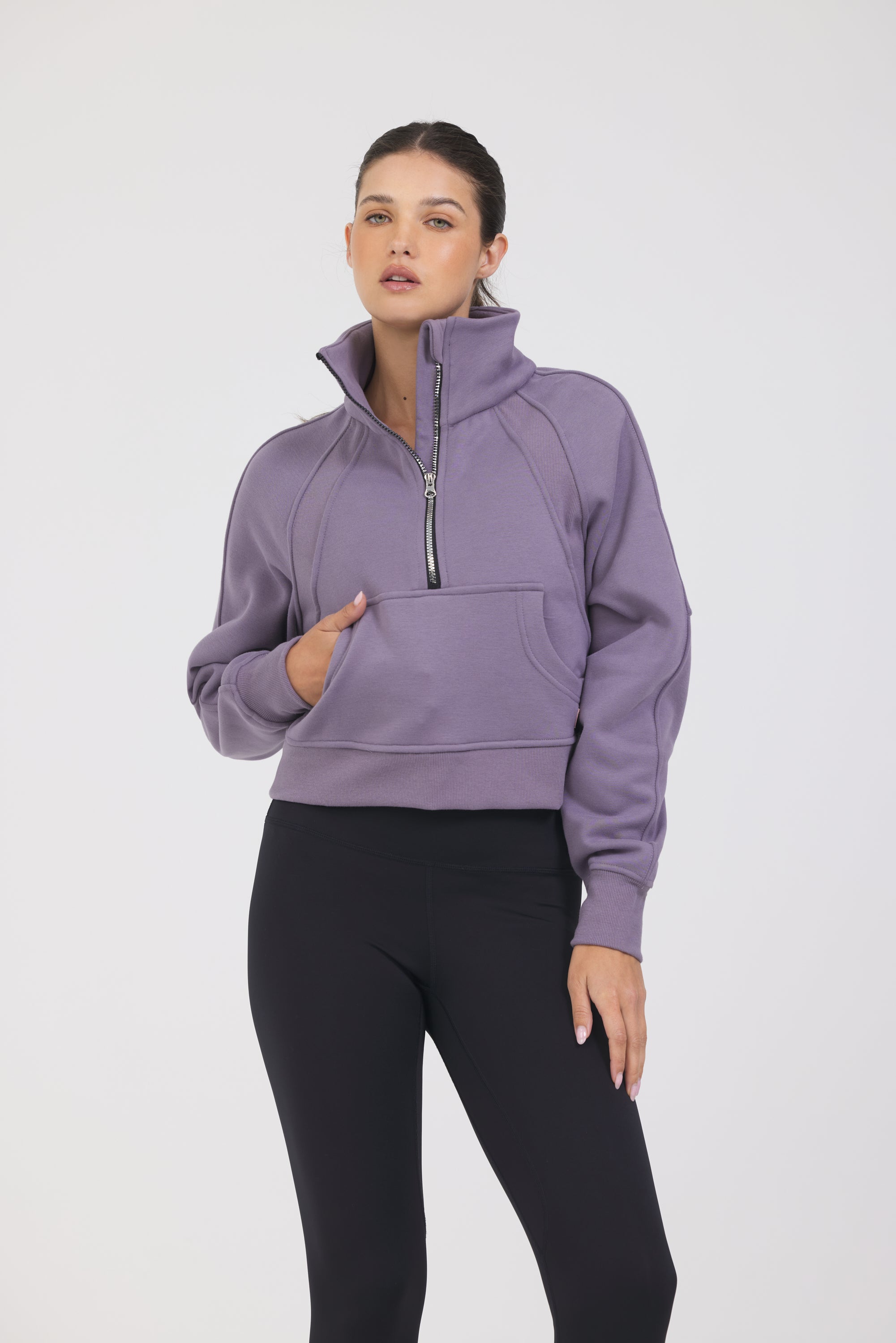 Morgan Fleece half zip long sleeve in dark haze, modeled with the Lori Fleece joggers from the front