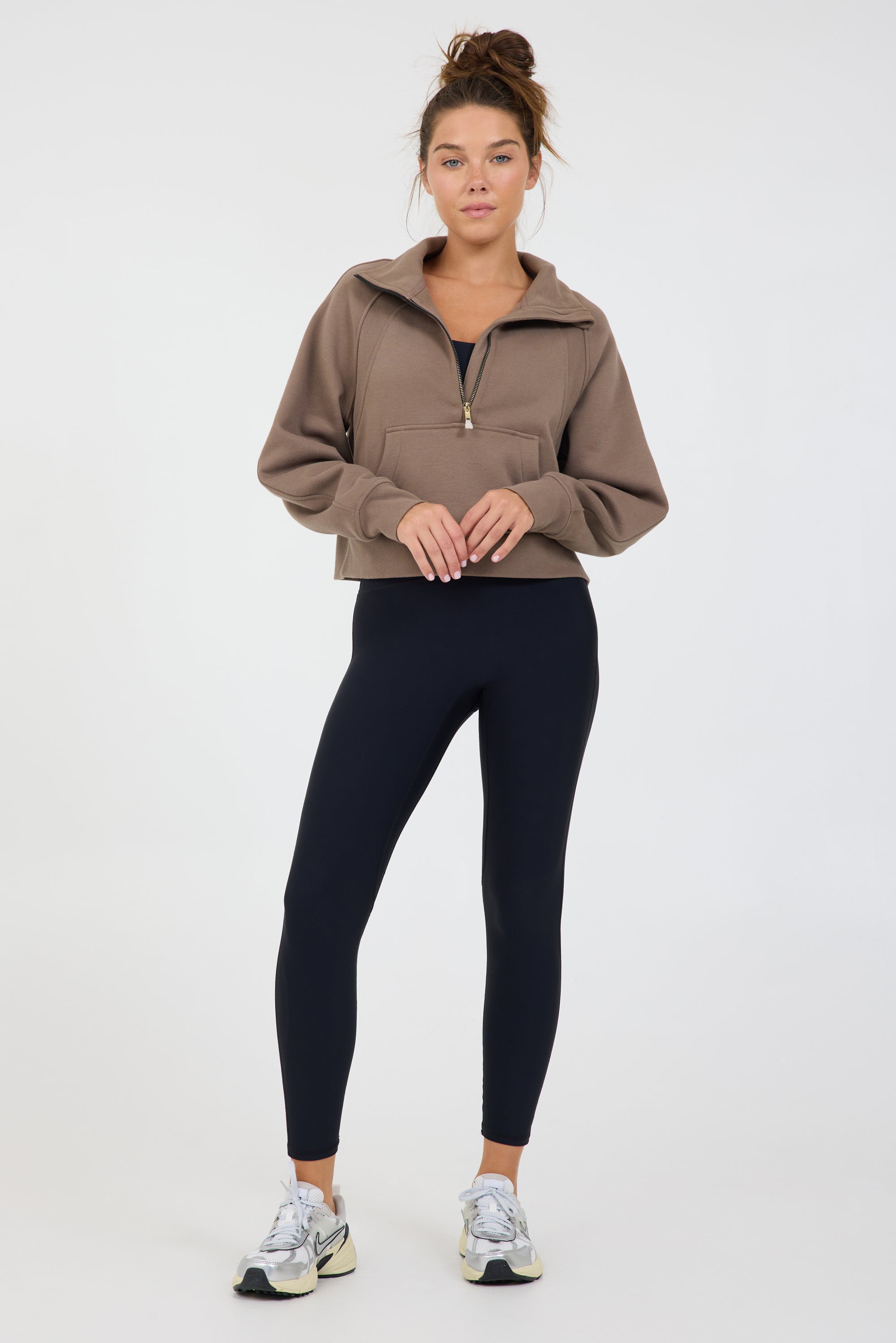 Morgan Fleece half zip long sleeve in dark truffle, modeled with the Lori Fleece joggers from the front