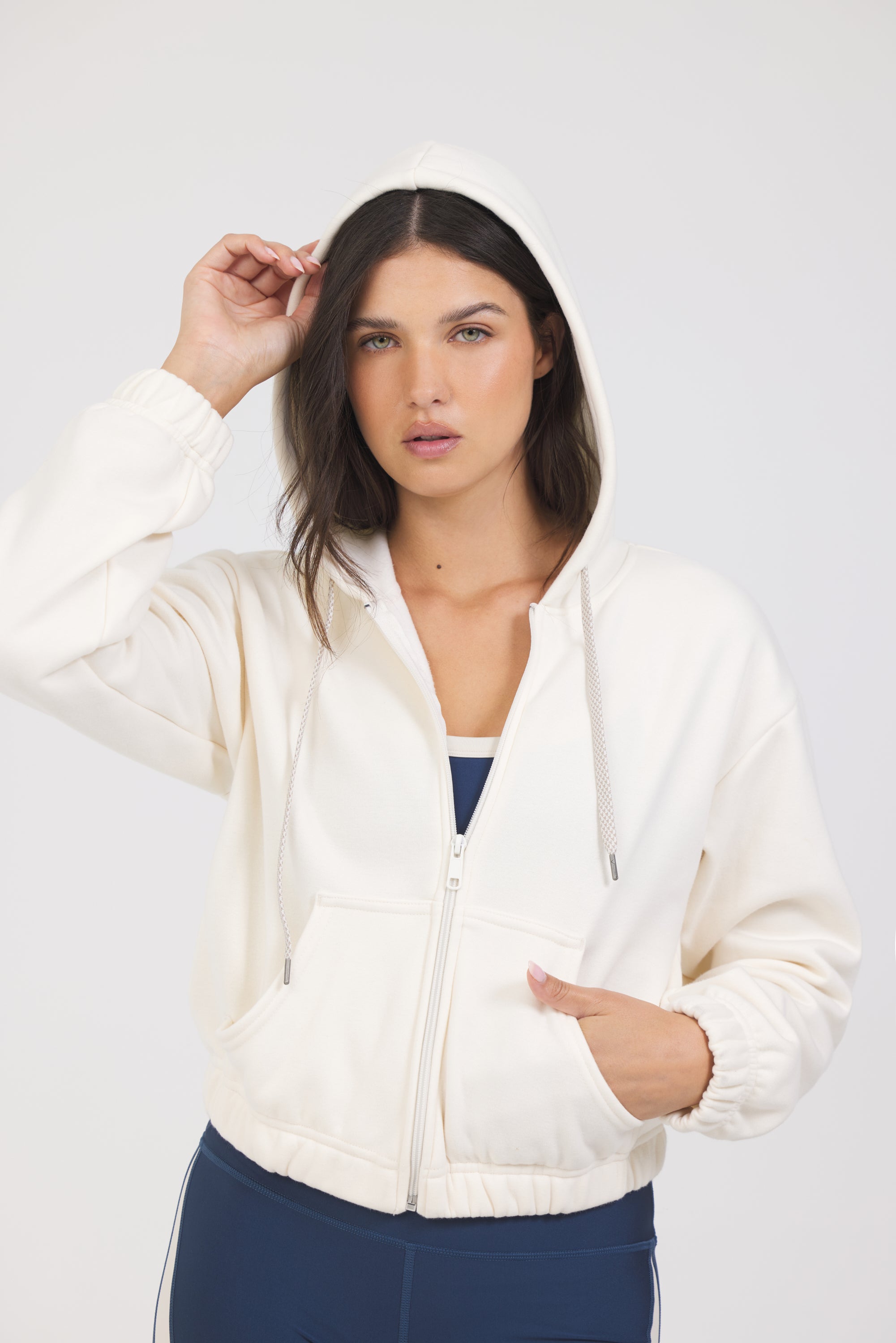 Nicole Fleece zipped cropped hoodie in bone, from the front