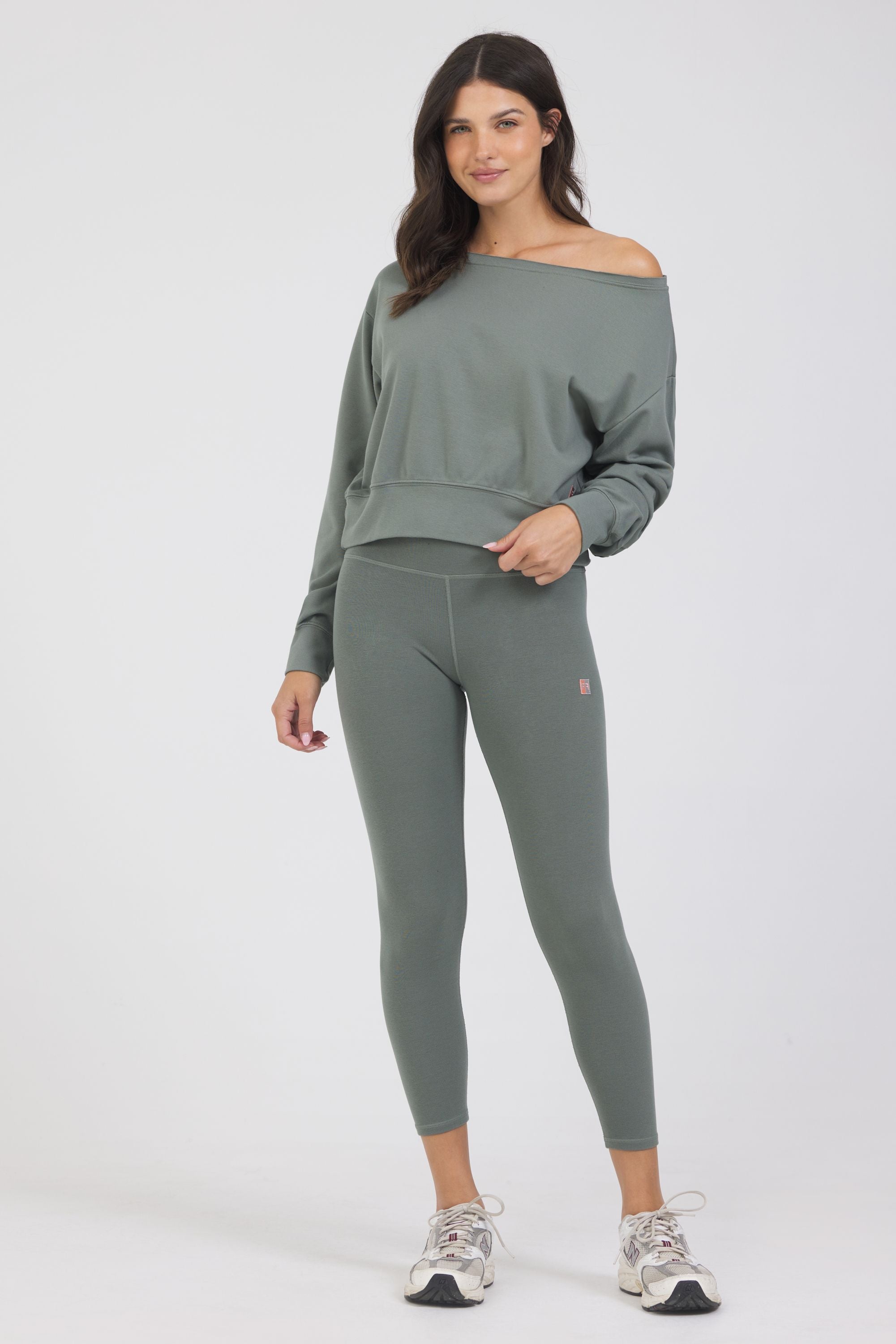 Rib off the shoulder long sleeve in teal, from the front