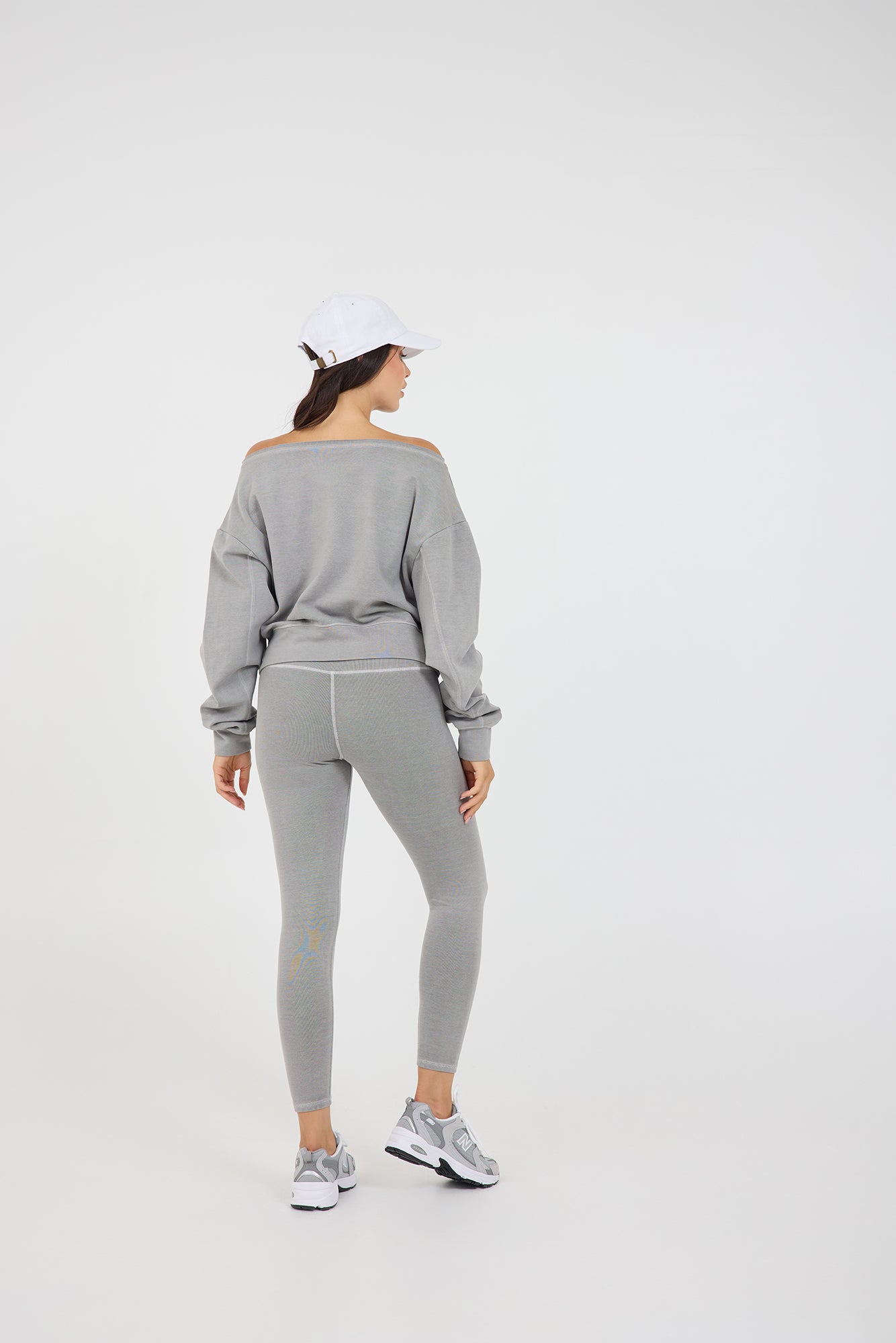 Rib off the shoulder long sleeve in dark vintage grey, form the back