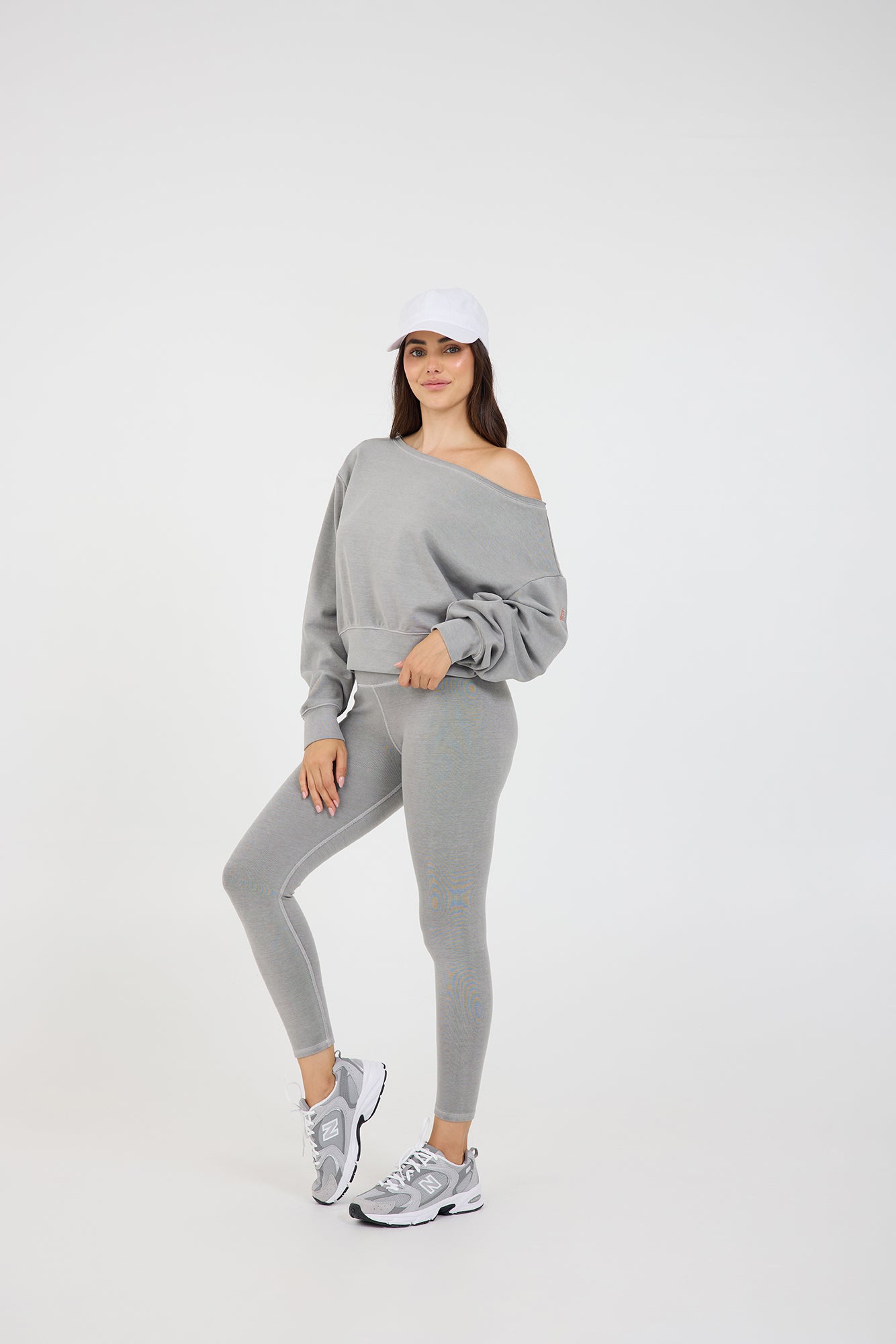 Rib off the shoulder long sleeve in dark vintage grey, from the front