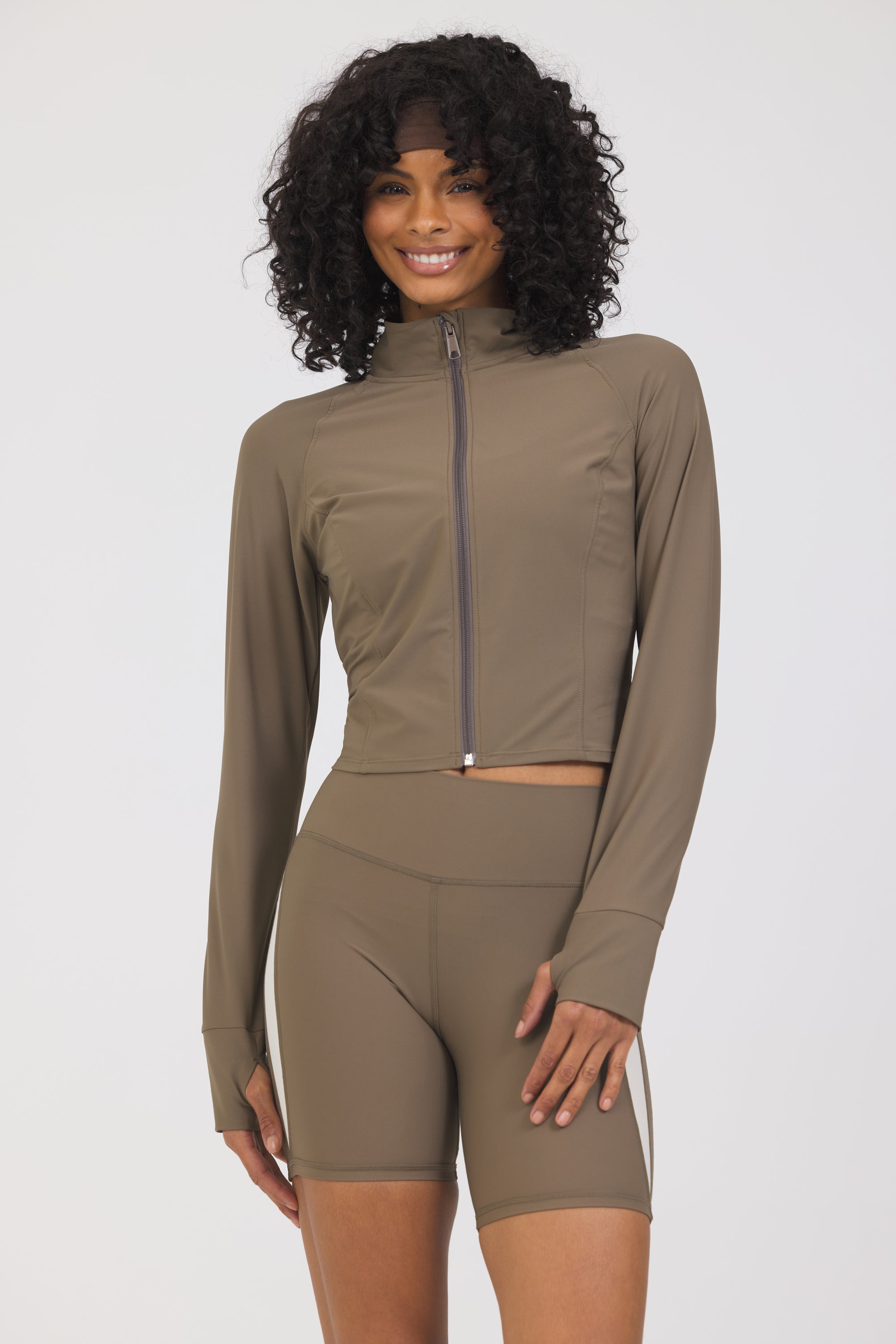 Long sleeve Robyn cropped jacket with thumbholes in truffle, from the front