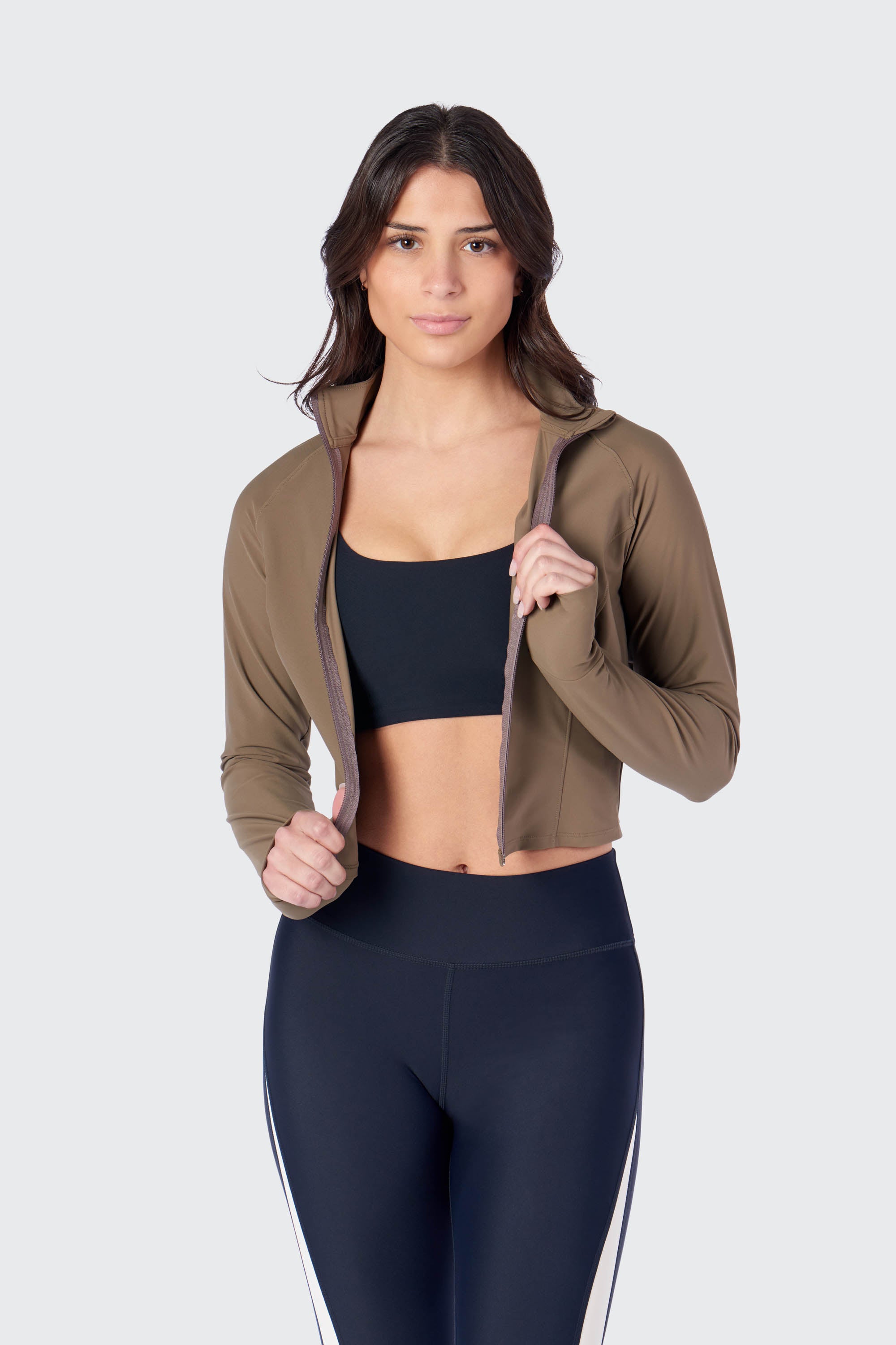Long sleeve Robyn cropped jacket with thumbholes in Truffle, from the front